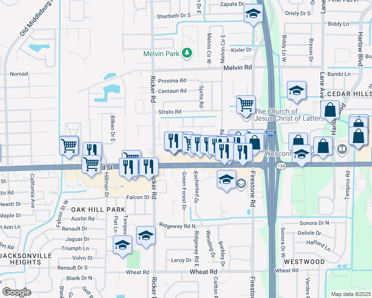 map of restaurants, bars, coffee shops, grocery stores, and more near 7451-6 103rd Street in Jacksonville