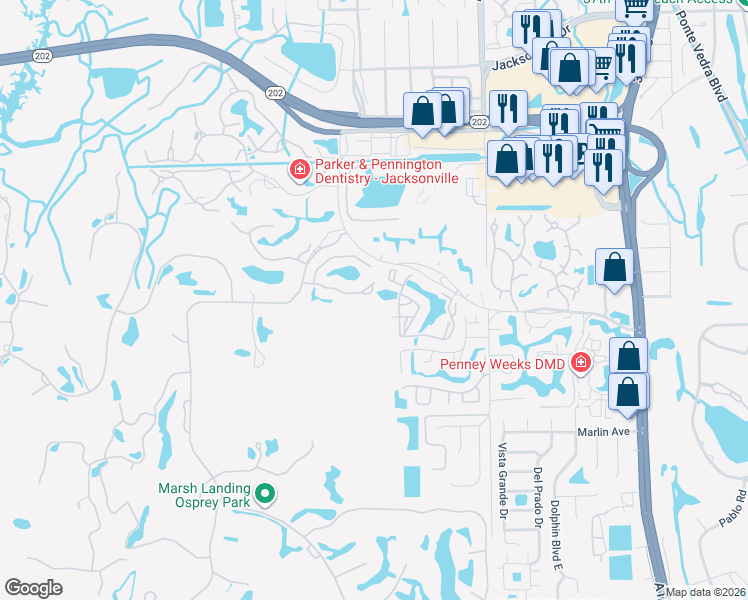 map of restaurants, bars, coffee shops, grocery stores, and more near 153 Deer Lake Drive in Ponte Vedra Beach