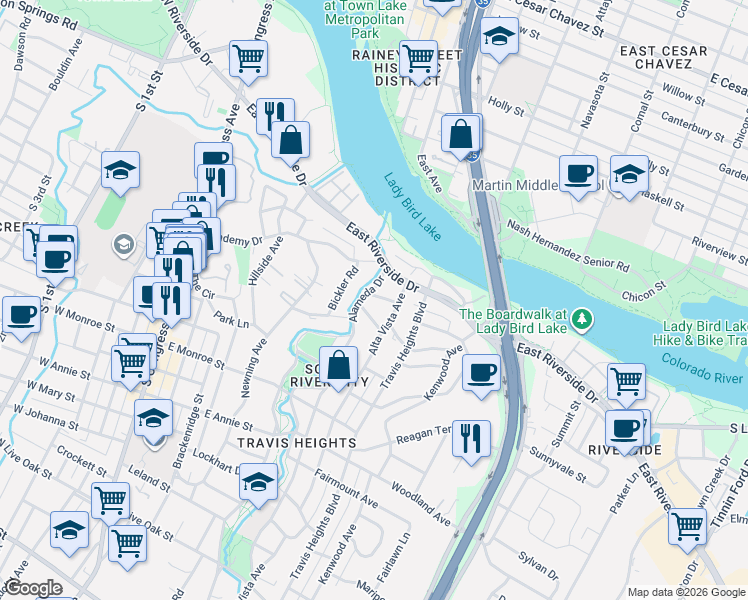 map of restaurants, bars, coffee shops, grocery stores, and more near 805 Rutherford Place in Austin