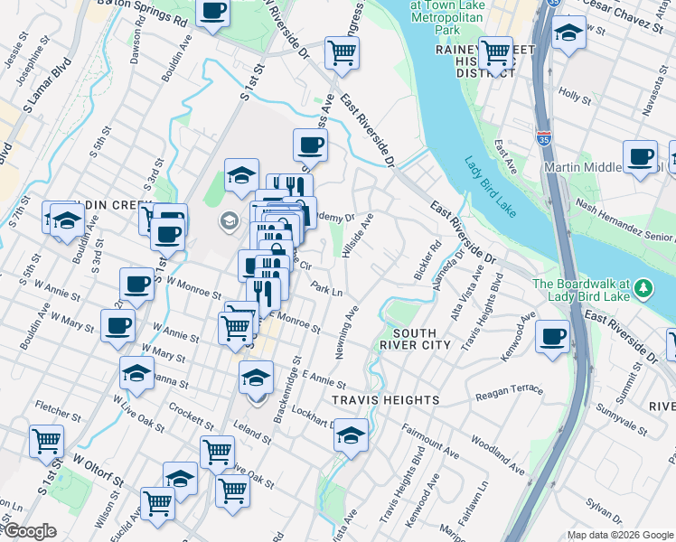 map of restaurants, bars, coffee shops, grocery stores, and more near 1311 The Circle in Austin