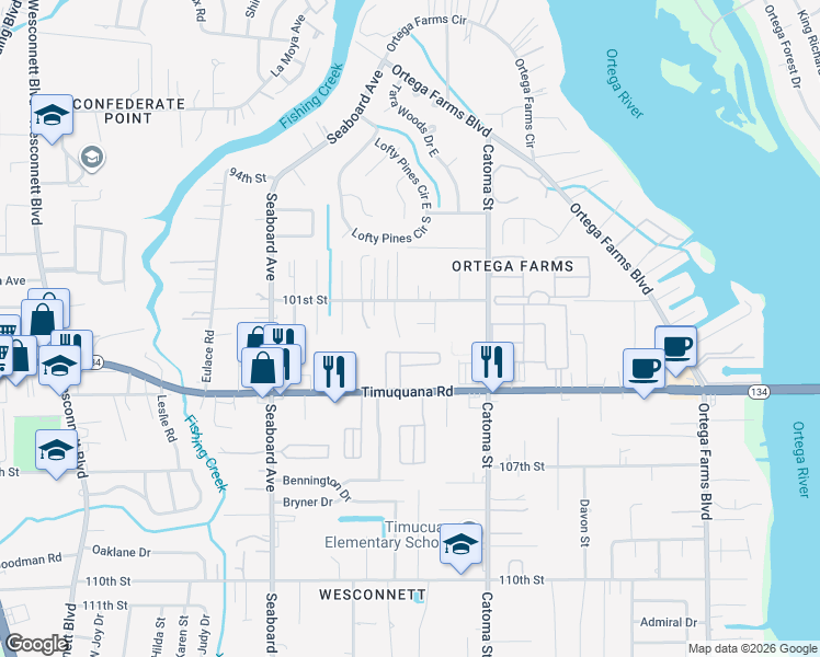 map of restaurants, bars, coffee shops, grocery stores, and more near 5506 101st Street in Jacksonville