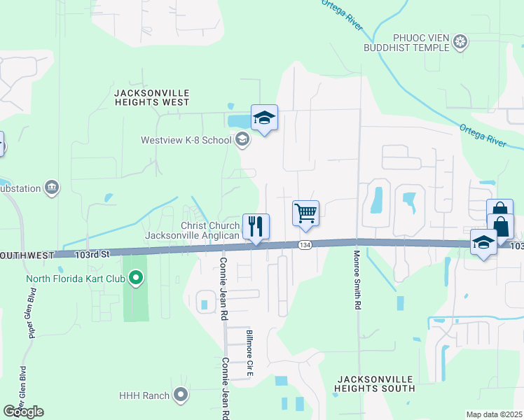 map of restaurants, bars, coffee shops, grocery stores, and more near 5280 Brighton Park Lane in Jacksonville
