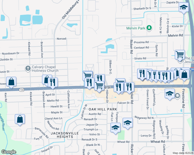 map of restaurants, bars, coffee shops, grocery stores, and more near 5200 Playpen Drive in Jacksonville