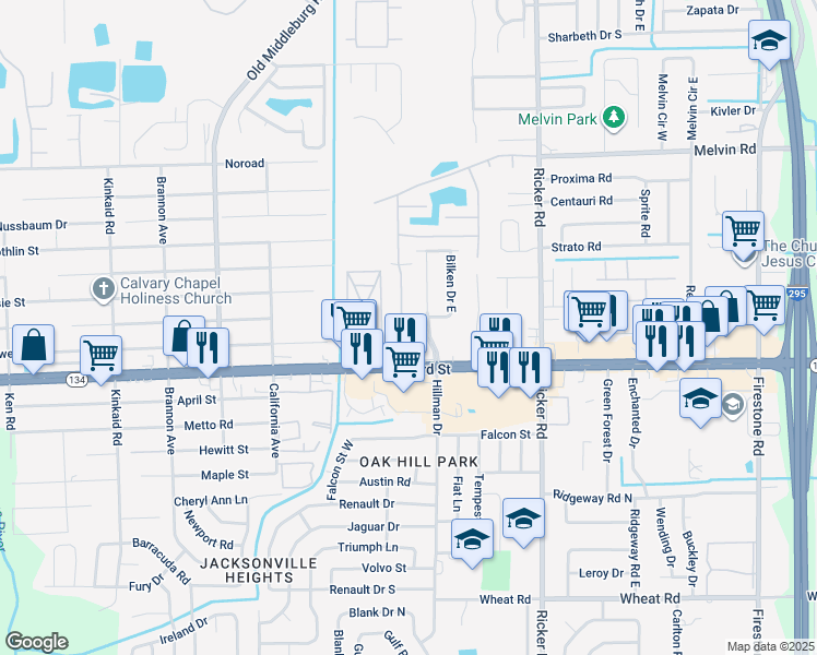 map of restaurants, bars, coffee shops, grocery stores, and more near 5201 Playpen Drive in Jacksonville