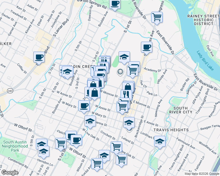 map of restaurants, bars, coffee shops, grocery stores, and more near 312 West Monroe Street in Austin