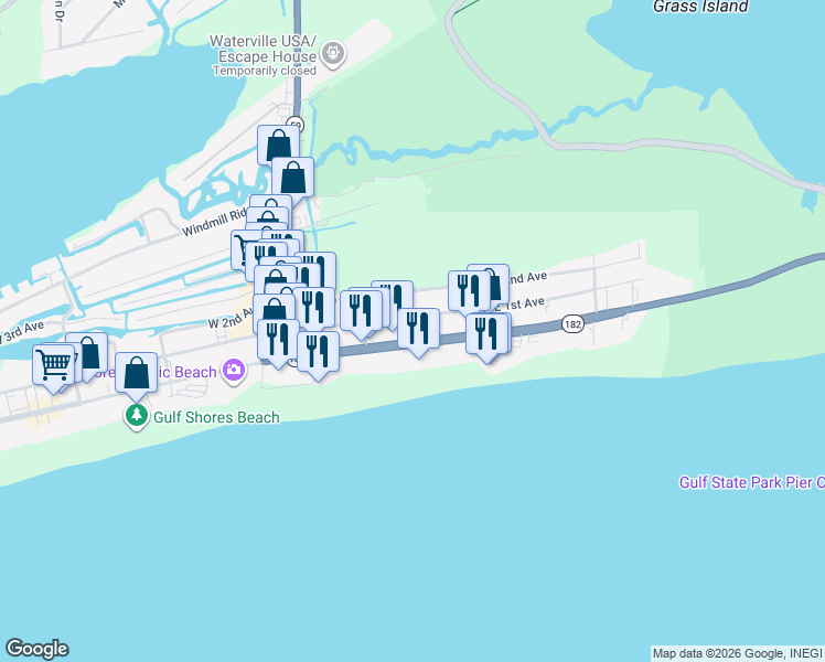 map of restaurants, bars, coffee shops, grocery stores, and more near 344 East Beach Boulevard in Gulf Shores