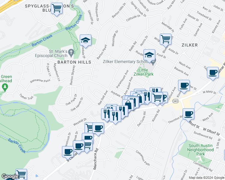 map of restaurants, bars, coffee shops, grocery stores, and more near 2202 Arpdale Street in Austin