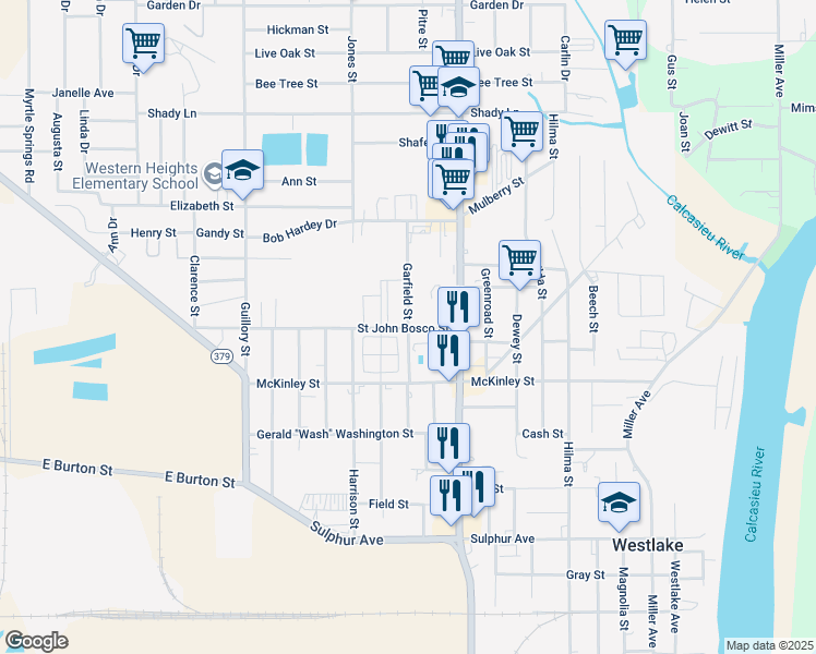 map of restaurants, bars, coffee shops, grocery stores, and more near 1300 Garfield Street in Westlake