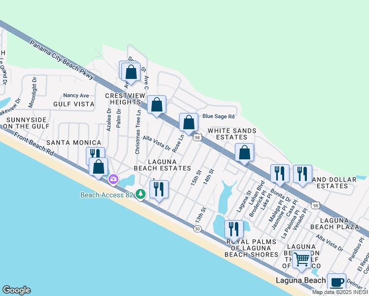 map of restaurants, bars, coffee shops, grocery stores, and more near 311 Wisteria Lane in Panama City Beach