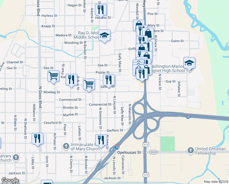 map of restaurants, bars, coffee shops, grocery stores, and more near 998 N Lincoln St in Lake Charles