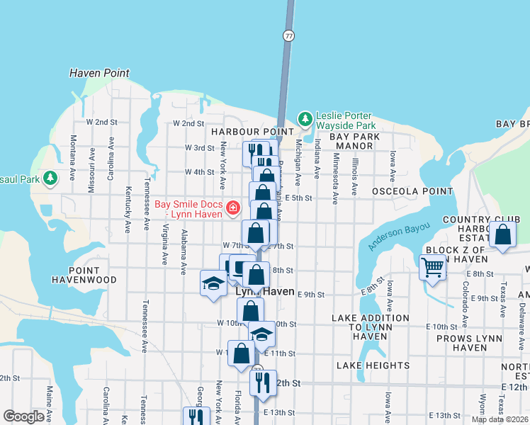 map of restaurants, bars, coffee shops, grocery stores, and more near 601 Ohio Avenue in Lynn Haven