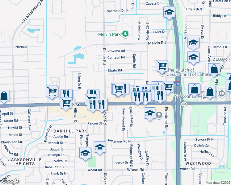 map of restaurants, bars, coffee shops, grocery stores, and more near 7457 103rd Street in Jacksonville