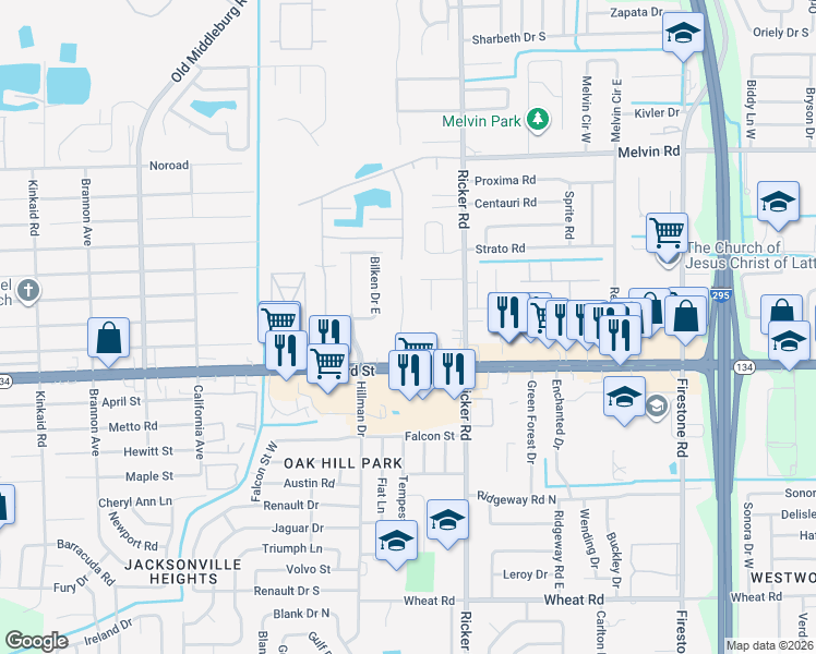 map of restaurants, bars, coffee shops, grocery stores, and more near 5335 Westchase Court in Jacksonville
