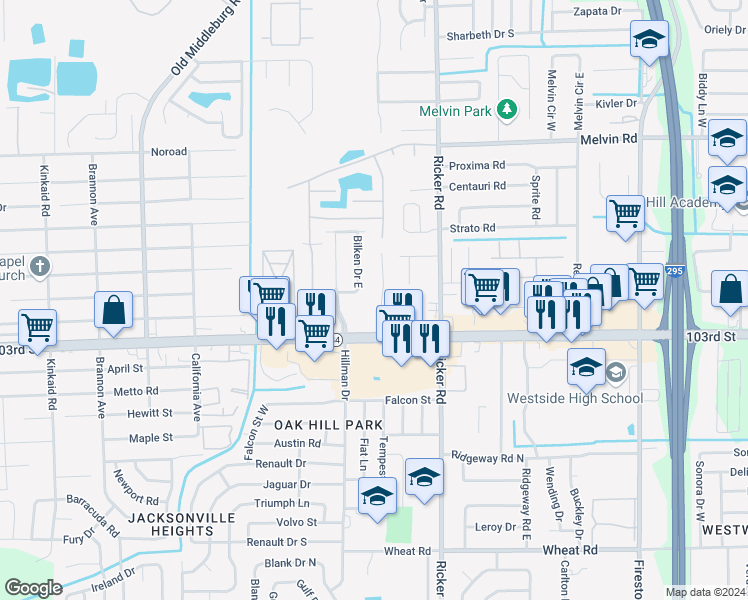 map of restaurants, bars, coffee shops, grocery stores, and more near 5335 Westchase Court in Jacksonville