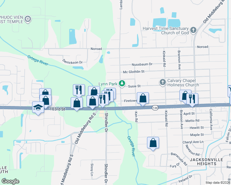 map of restaurants, bars, coffee shops, grocery stores, and more near 8739 Firetower Road in Jacksonville