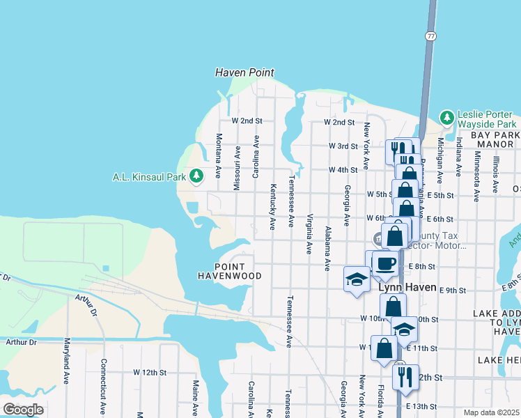map of restaurants, bars, coffee shops, grocery stores, and more near 601 Carolina Avenue in Lynn Haven