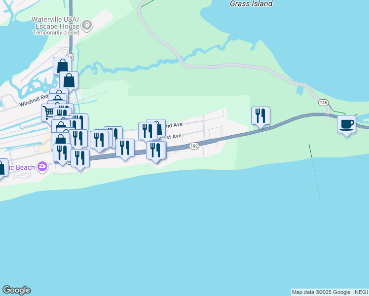 map of restaurants, bars, coffee shops, grocery stores, and more near 443 East Beach Boulevard in Gulf Shores