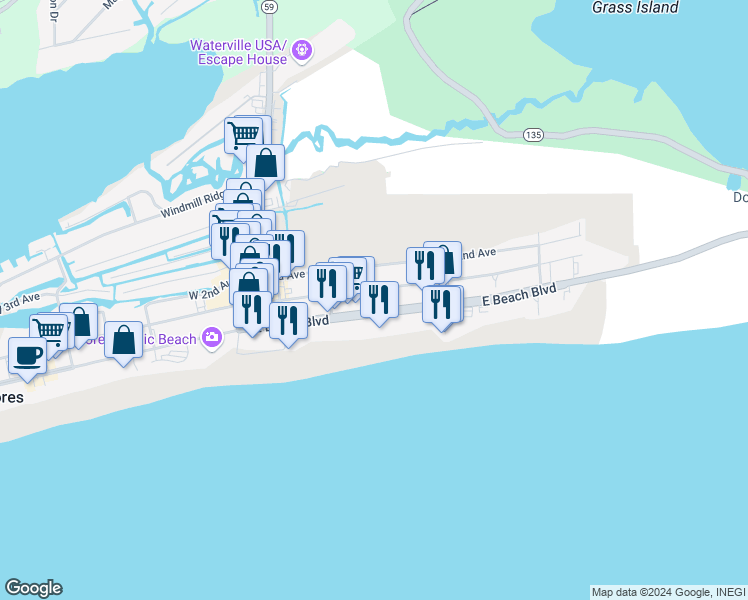 map of restaurants, bars, coffee shops, grocery stores, and more near 337 East Beach Boulevard in Gulf Shores