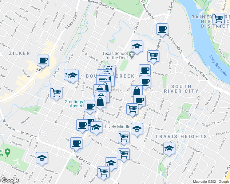 map of restaurants, bars, coffee shops, grocery stores, and more near 312 West Monroe Street in Austin
