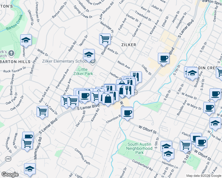 map of restaurants, bars, coffee shops, grocery stores, and more near 2108 Oxford Avenue in Austin