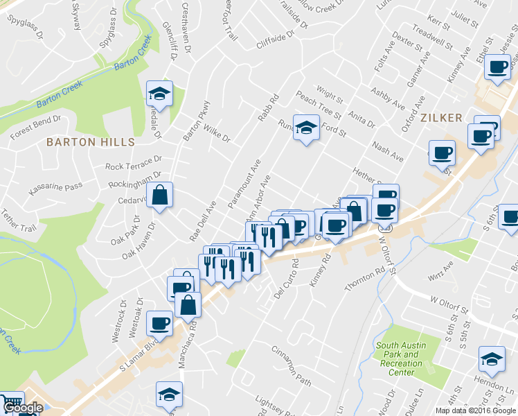 map of restaurants, bars, coffee shops, grocery stores, and more near 2013 De Verne Street in Austin