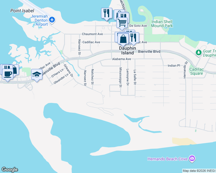 map of restaurants, bars, coffee shops, grocery stores, and more near 128 Orleans Dr in Dauphin Island