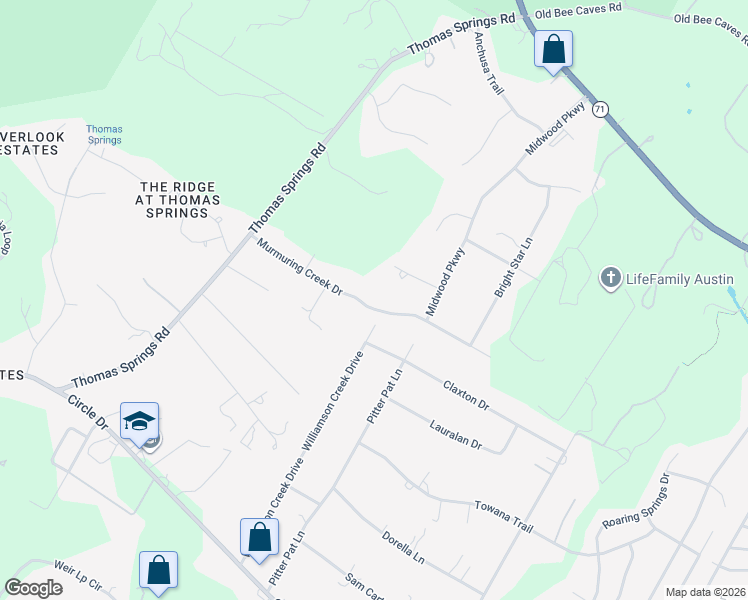 map of restaurants, bars, coffee shops, grocery stores, and more near 7400 Williamson Creek Drive in Austin