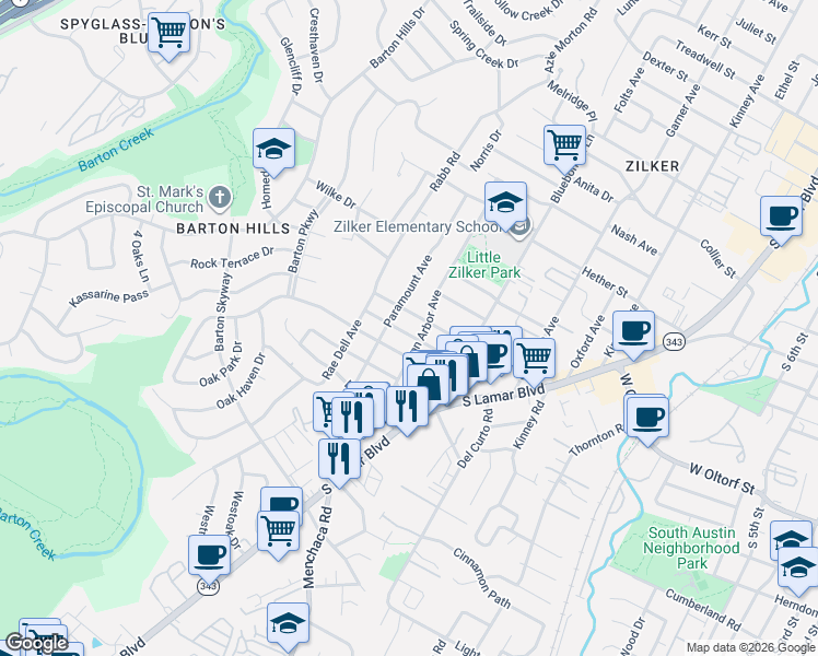 map of restaurants, bars, coffee shops, grocery stores, and more near 2104 De Verne Street in Austin