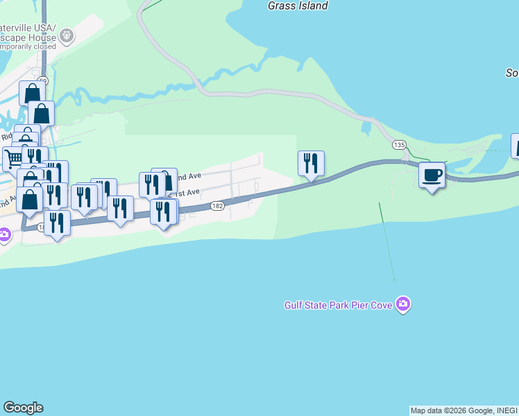 map of restaurants, bars, coffee shops, grocery stores, and more near 533 East Beach Boulevard in Gulf Shores