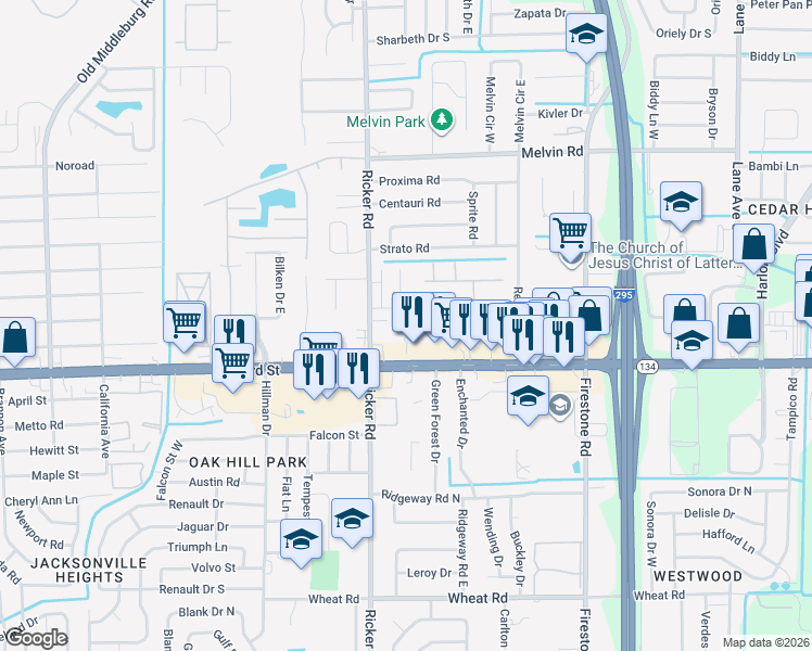 map of restaurants, bars, coffee shops, grocery stores, and more near 5221 Glen Alan Court South in Jacksonville