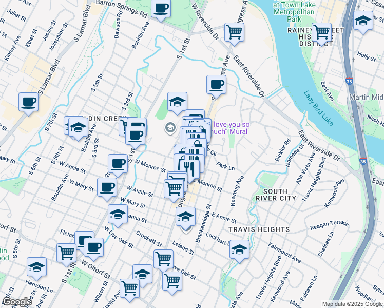 map of restaurants, bars, coffee shops, grocery stores, and more near 1408 South Congress Avenue in Austin