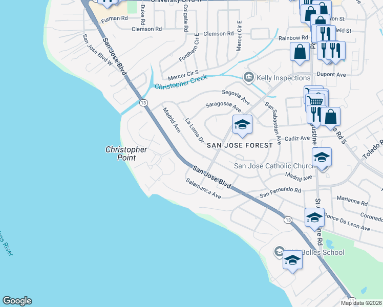 map of restaurants, bars, coffee shops, grocery stores, and more near 6969 San Jose Boulevard in Jacksonville