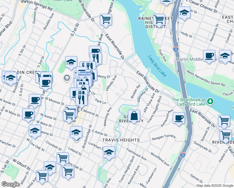 map of restaurants, bars, coffee shops, grocery stores, and more near 1312 Newning Avenue in Austin