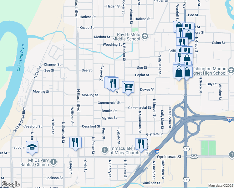 map of restaurants, bars, coffee shops, grocery stores, and more near 2105 Commercial Street in Lake Charles