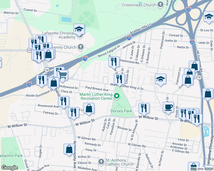 map of restaurants, bars, coffee shops, grocery stores, and more near 304 Paul Breaux Avenue in Lafayette
