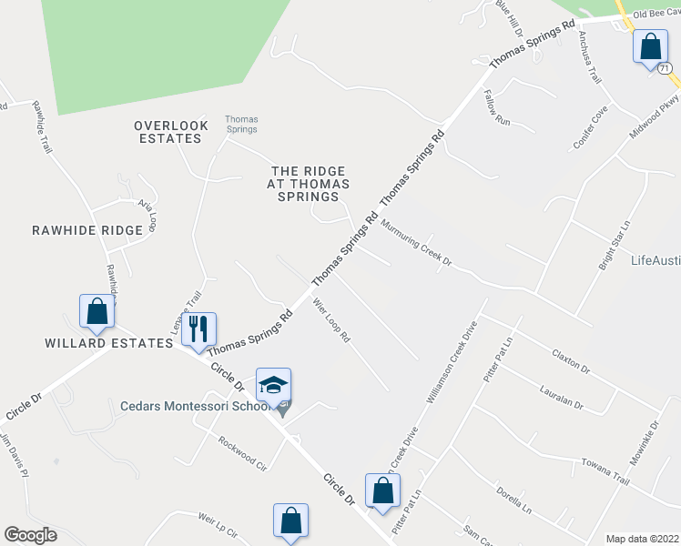 map of restaurants, bars, coffee shops, grocery stores, and more near 7509 Thomas Springs Road in Austin