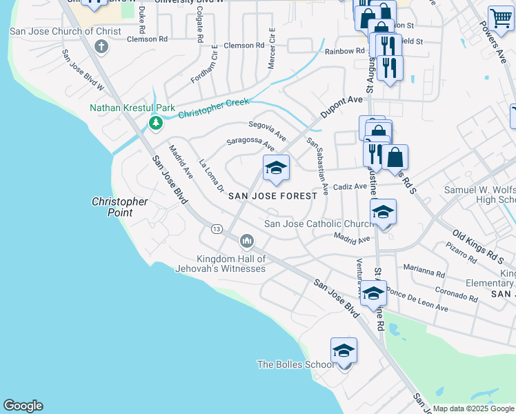 map of restaurants, bars, coffee shops, grocery stores, and more near 7053 Madrid Avenue in Jacksonville