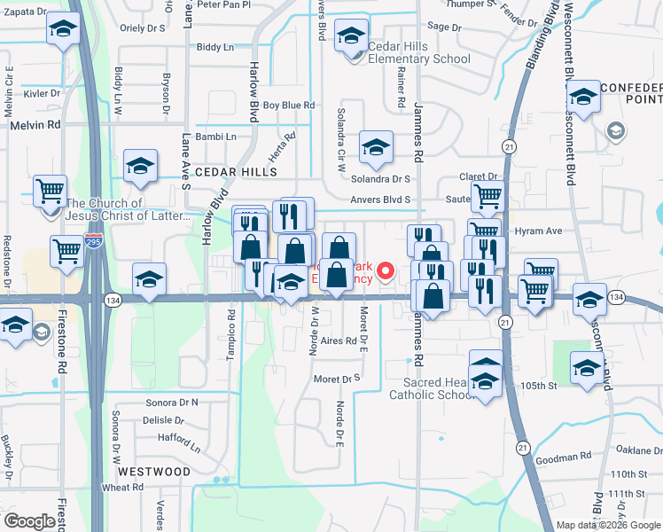 map of restaurants, bars, coffee shops, grocery stores, and more near 5335 Batley Road in Jacksonville