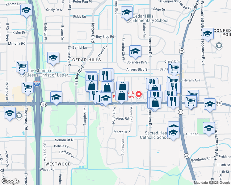map of restaurants, bars, coffee shops, grocery stores, and more near 5335 Batley Road in Jacksonville