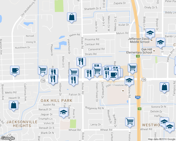 map of restaurants, bars, coffee shops, grocery stores, and more near 5301 Ricker Road in Jacksonville