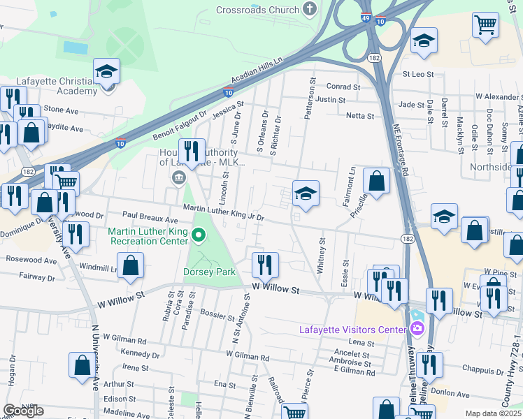 map of restaurants, bars, coffee shops, grocery stores, and more near 822 Martin Luther King Junior Drive in Lafayette
