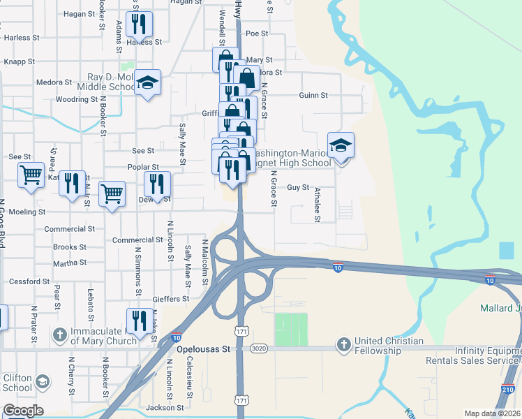 map of restaurants, bars, coffee shops, grocery stores, and more near 801-899 North Grace Street in Lake Charles