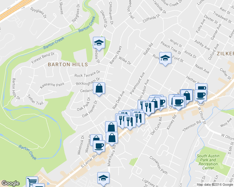 map of restaurants, bars, coffee shops, grocery stores, and more near 2206 Montclaire Street in Austin