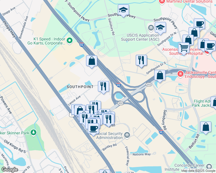 map of restaurants, bars, coffee shops, grocery stores, and more near 6969 Lenoir Avenue East in Jacksonville