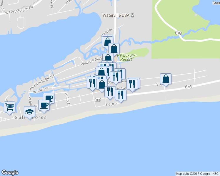 map of restaurants, bars, coffee shops, grocery stores, and more near 124 East Beach Boulevard in Gulf Shores