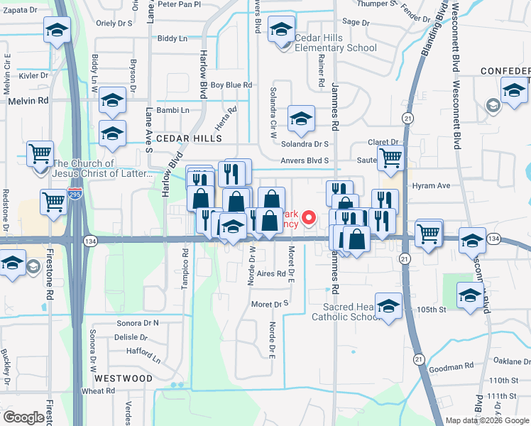 map of restaurants, bars, coffee shops, grocery stores, and more near 5335 Batley Road in Jacksonville