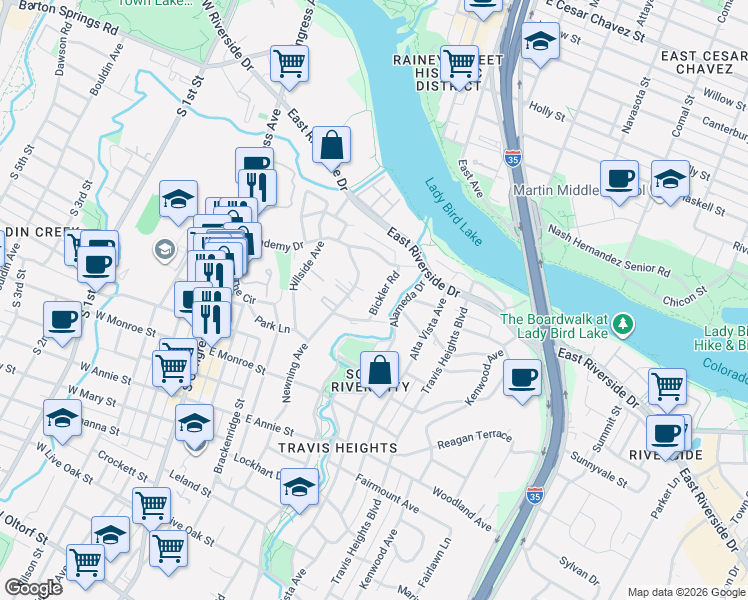 map of restaurants, bars, coffee shops, grocery stores, and more near 1312 Bickler Road in Austin