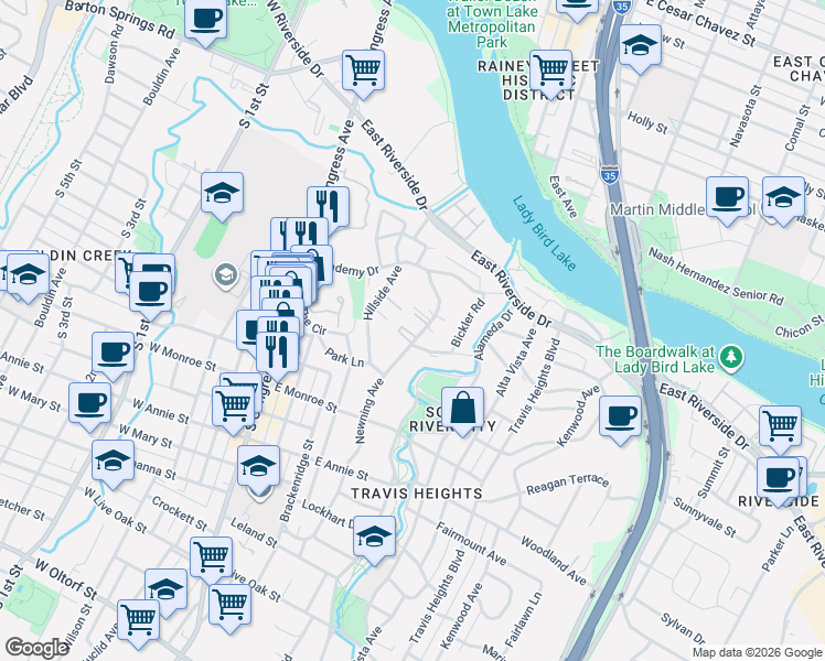 map of restaurants, bars, coffee shops, grocery stores, and more near 1310 Newning Avenue in Austin