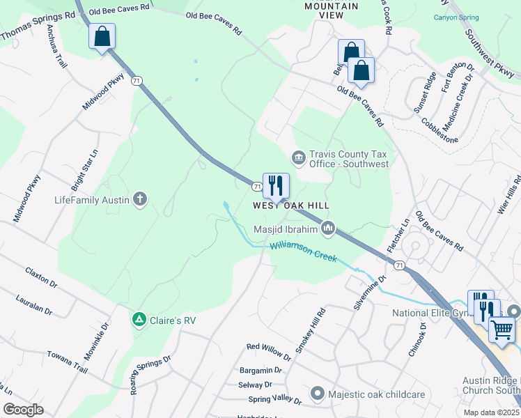 map of restaurants, bars, coffee shops, grocery stores, and more near 8715 Texas 71 in Austin