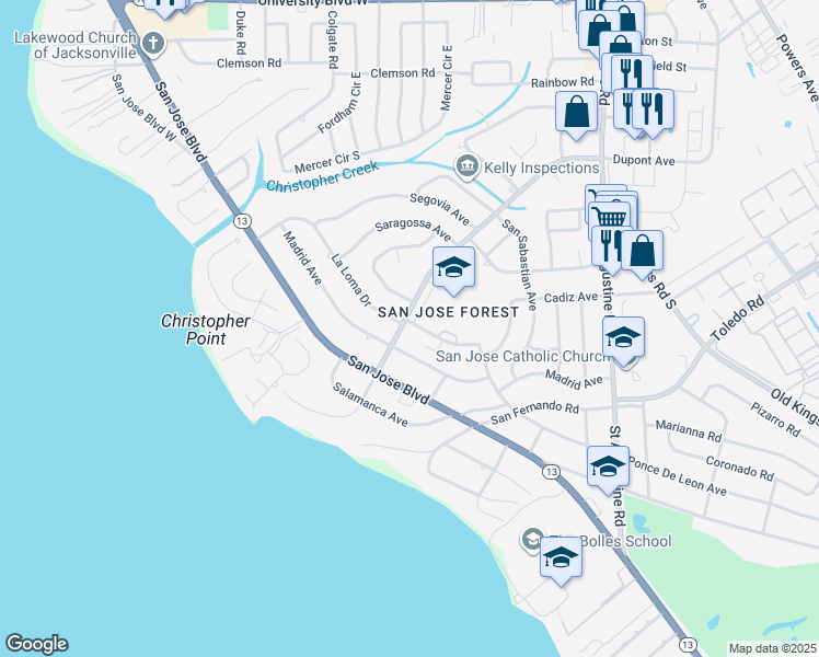 map of restaurants, bars, coffee shops, grocery stores, and more near 7008 Ponce De Leon Avenue in Jacksonville